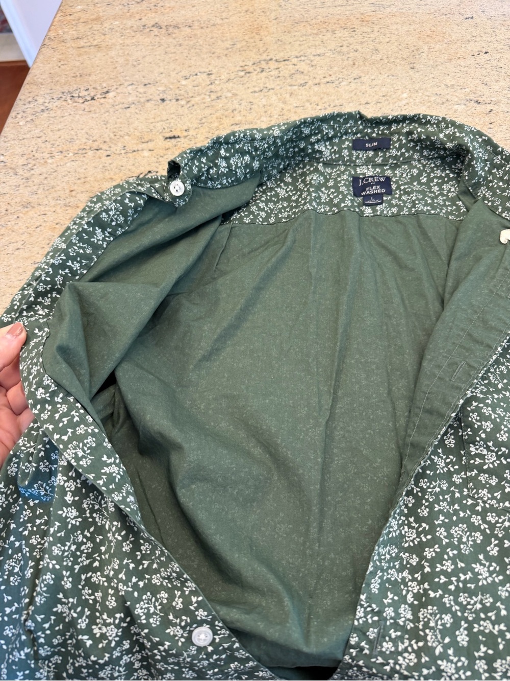 J crew men’s green n white floral LS button down stretch shirt size Large Slim - Picture 10 of 12